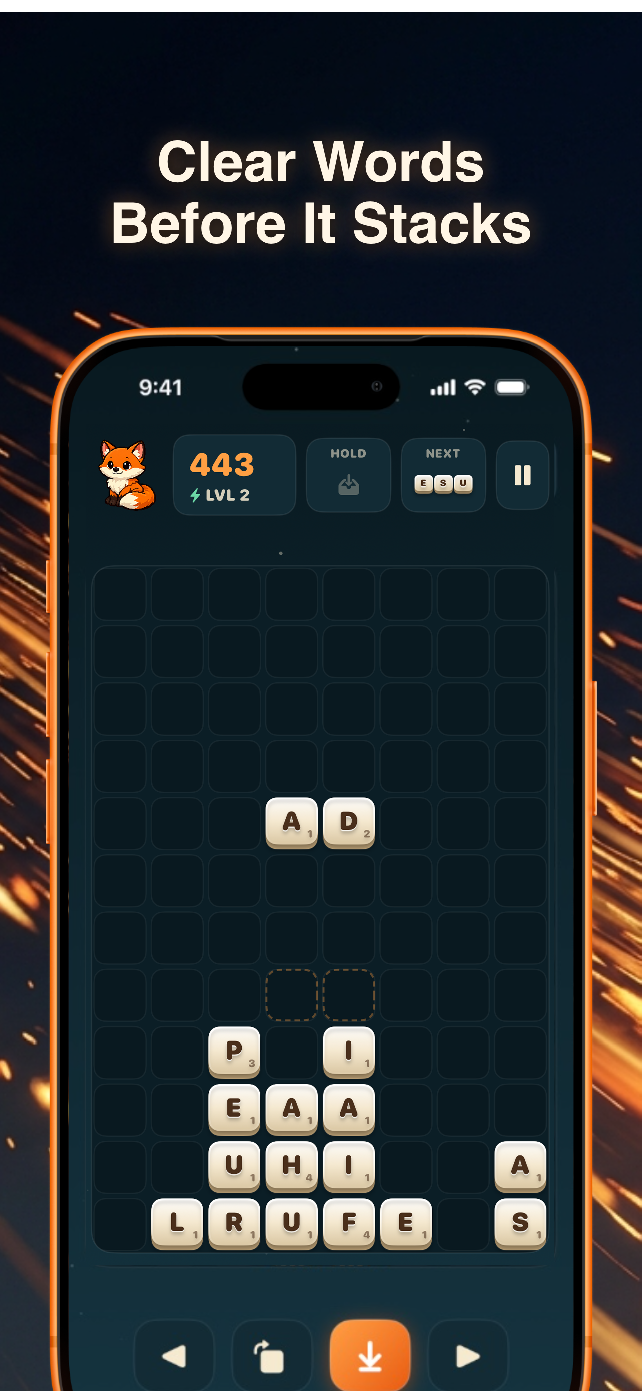 WordFox gameplay with falling letter tiles